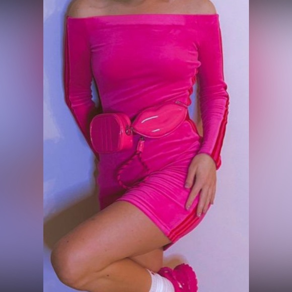 Adidas x Ivy Park Pink Bodycon Dress Long Sleeve Off-Shoulder Size L NWT! Barbie - Picture 1 of 5